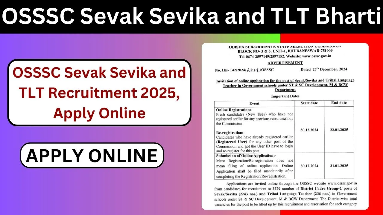 OSSSC Sevak Sevika and TLT Recruitment 2025